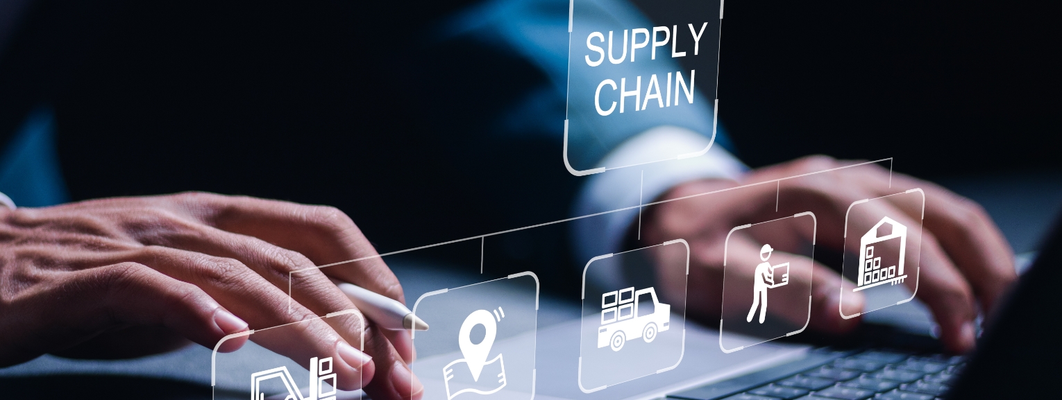 Digital representation of a sustainable supply chain with emphasis on carbon footprint reduction, efficient logistics, and green supply practices.