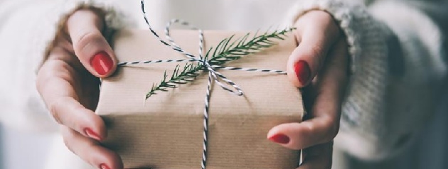 Hands holding a wrapped holiday gift, symbolizing the spirit of giving.